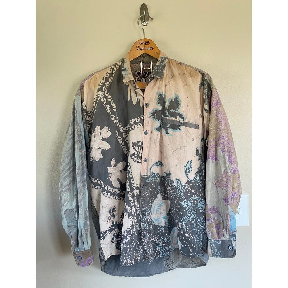 Vtg Climate Multi Pattern Funky Boho Hippie Batik Oversize Button Down Mens SM